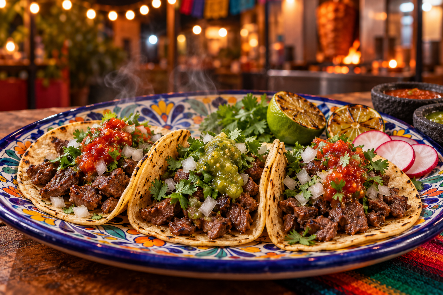 Carne asada street tacos with fresh salsa, cilantro, onion and lime