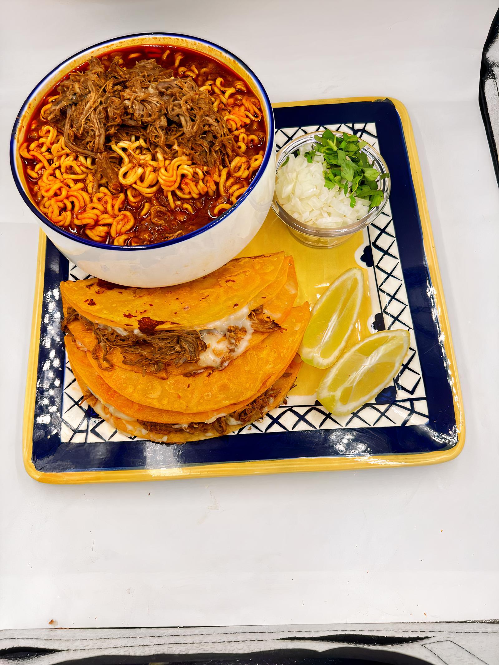 Birria Ramen and 2 Quesabirrias